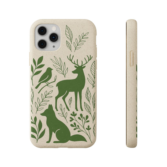 Cover iPhone ecologica in fibra di bambù con animali selvatici cervo e volpe, custodia originale bio verde oliva