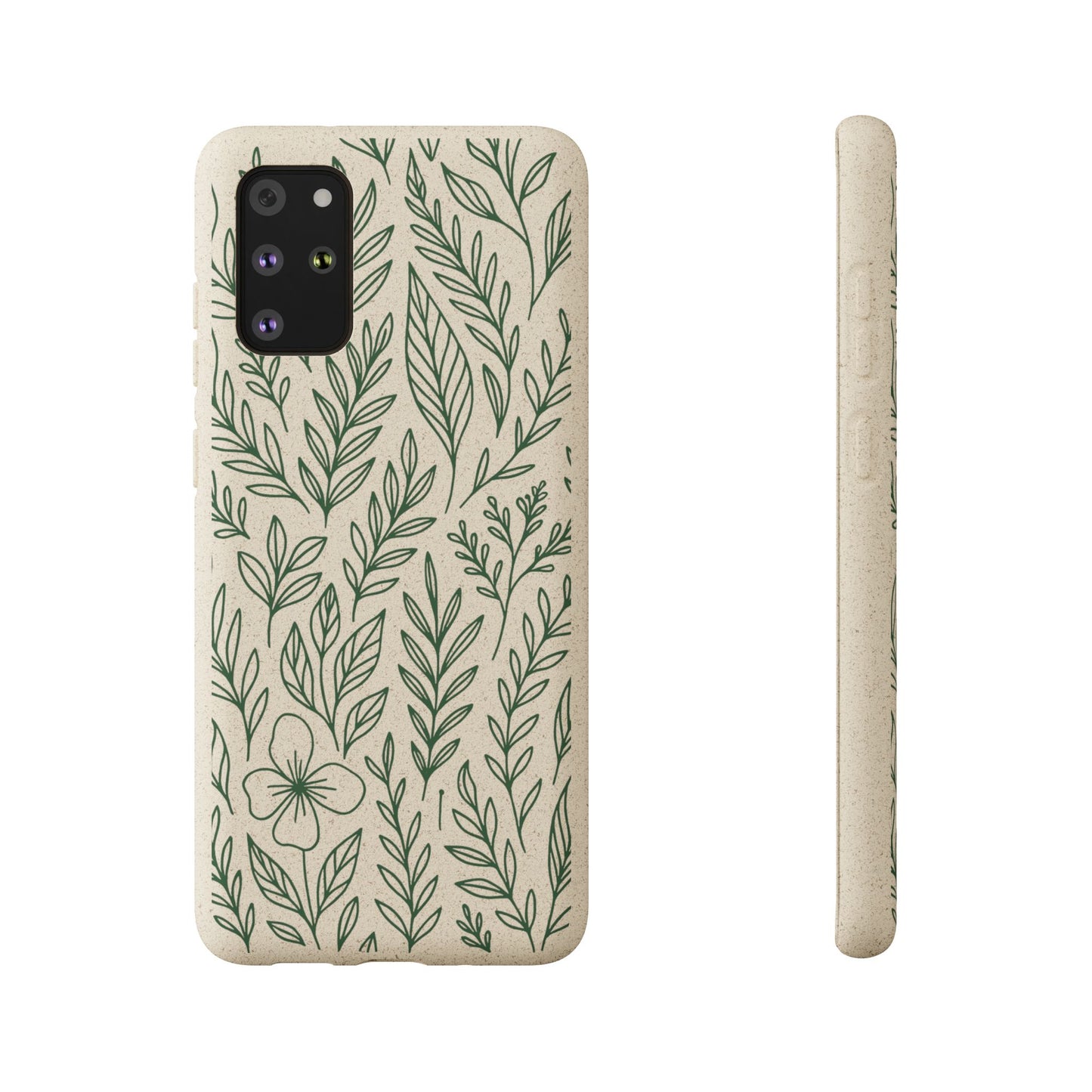 Cover iPhone ecologica in fibra di bambù con disegno foglie verdi line art, custodia originale biodegradabile beige puntinato.