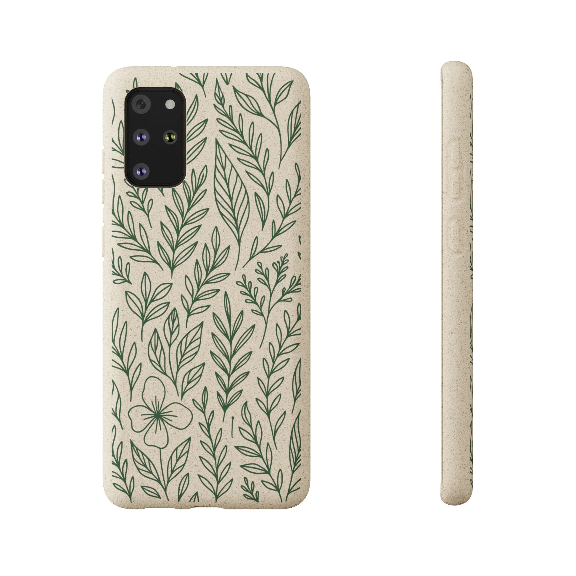 Cover iPhone ecologica in fibra di bambù con disegno foglie verdi line art, custodia originale biodegradabile beige puntinato.