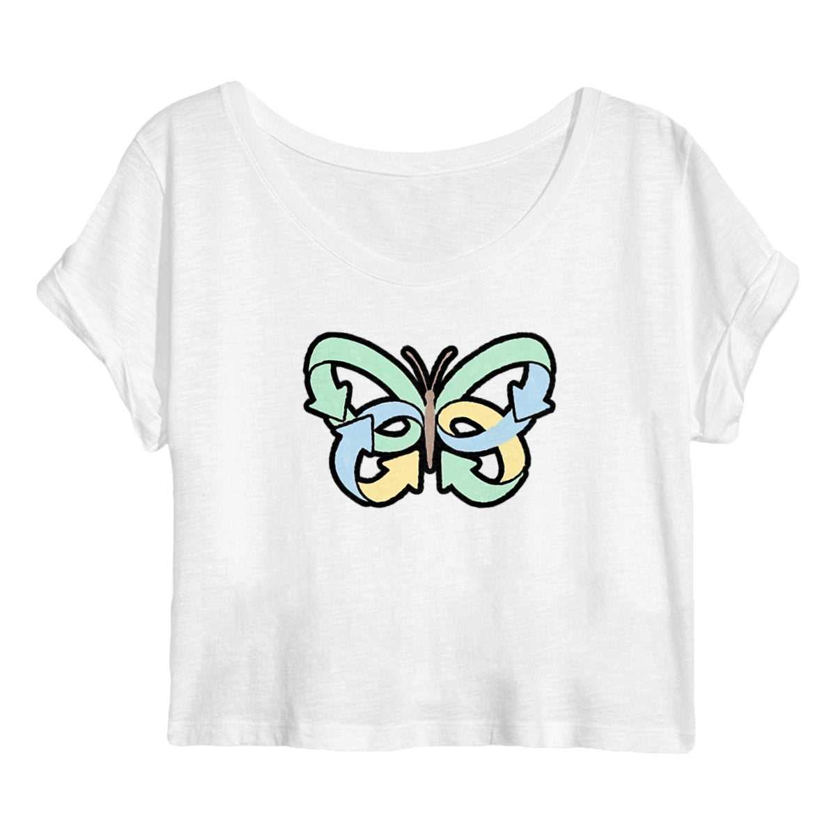 Crop top bianco donna in cotone biologico con stampa farfalla colorata fatta di frecce, t-shirt corta maniche arrotolate moda sostenibile.