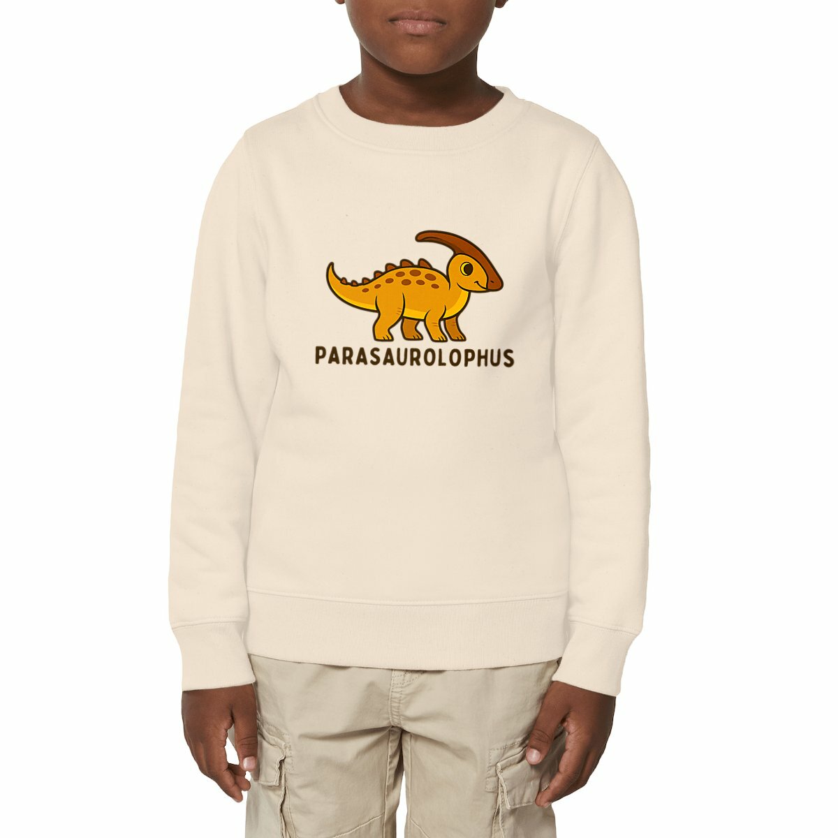 Felpa pesante bambino con dinosauro Parasaurolophus arancione collezione eco Dino, abbigliamento bambini cotone biologico caldo.