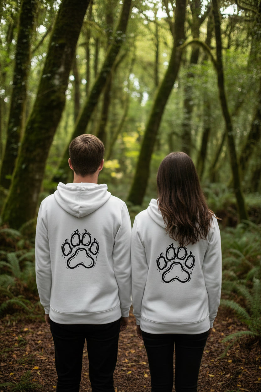 Felpa con cappuccio bio unisex originale in cotone organico, indossata da ragazzo e ragazza, vista frontale pulita