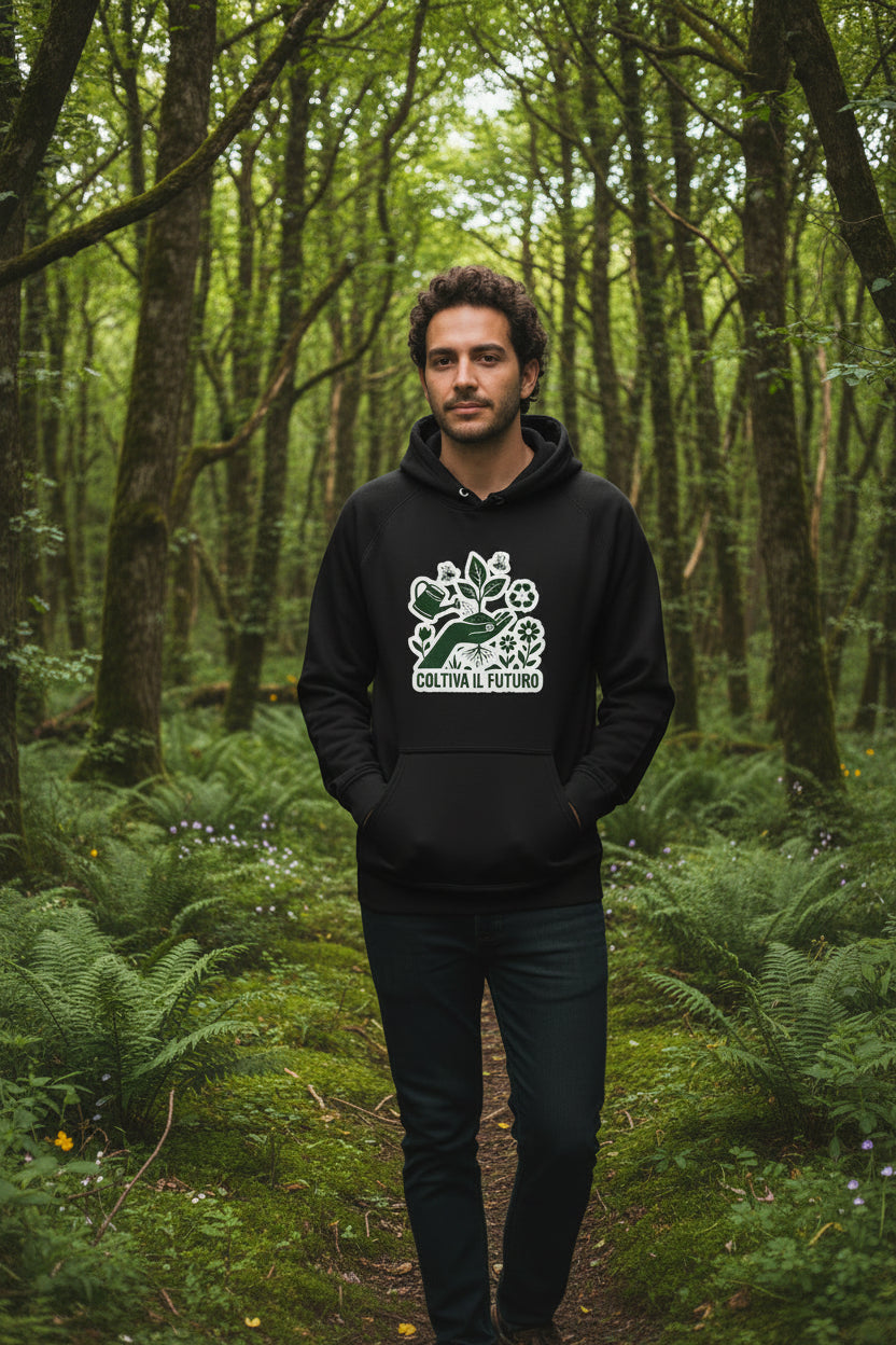 Felpa con cappuccio bio unisex originale “Coltiva il Futuro” in cotone organico certificato GOTS e Vegan, colore nero, sostenibile e senza sostanze chimiche nocive