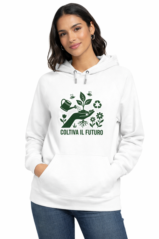 elpa con cappuccio bio unisex originale “Coltiva il Futuro” in cotone organico certificato GOTS e Vegan, colore nero, sostenibile e senza sostanze chimiche nocive