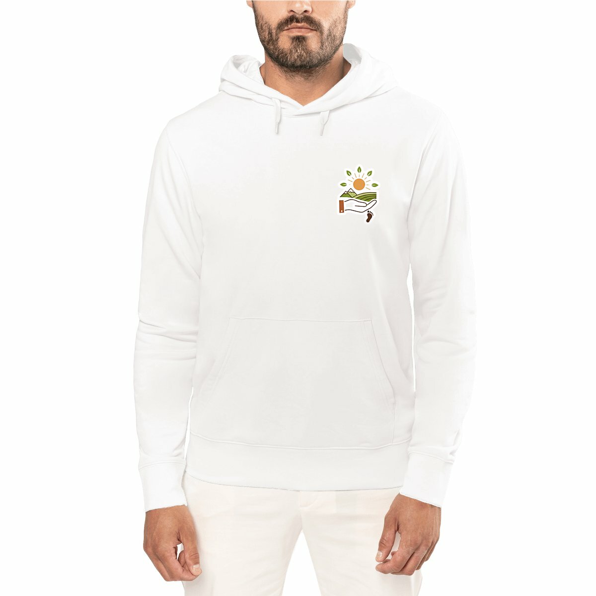 Felpa con cappuccio bio unisex originale in cotone organico certificato GOTS e Vegan, colore bianco, sostenibile e senza sostanze chimiche nocive.