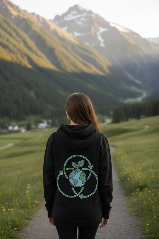 Felpa con cappuccio bio unisex originale con design pianeta e simbolo circolare sul retro