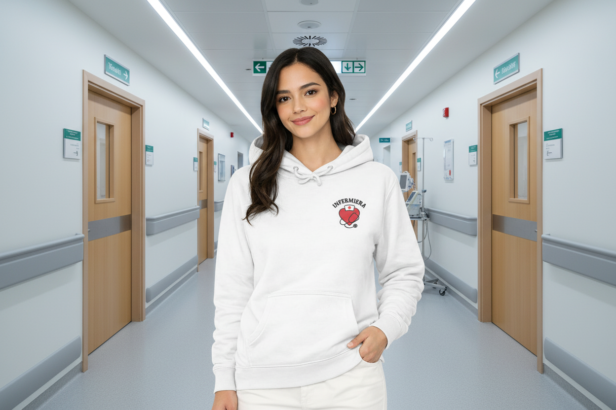 Modella con felpa bio con cappuccio infermiera in corsia di ospedale