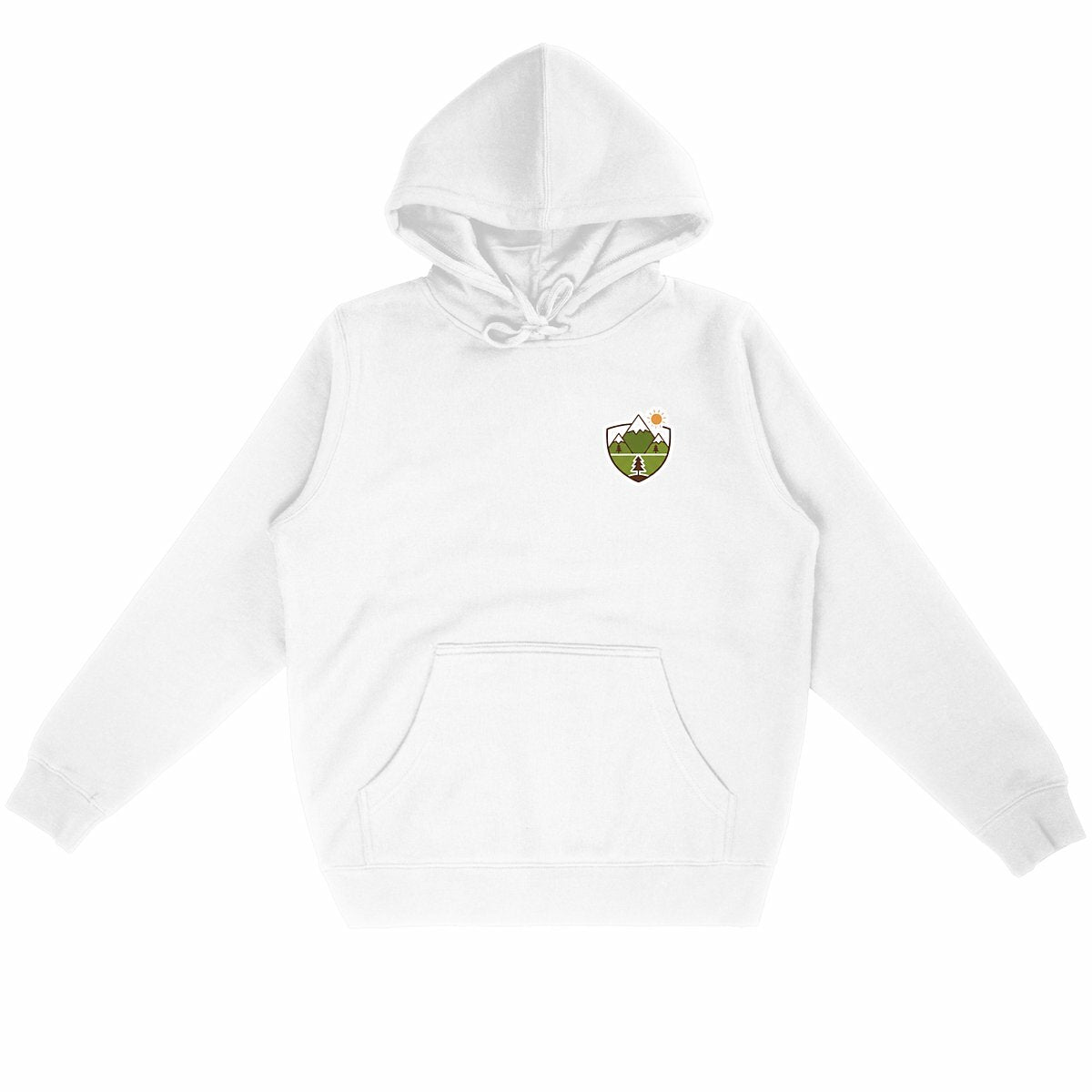 Felpa con cappuccio originale bianca in cotone bio unisex con piccolo logo stemma montagna verde e sole stampato sul lato cuore