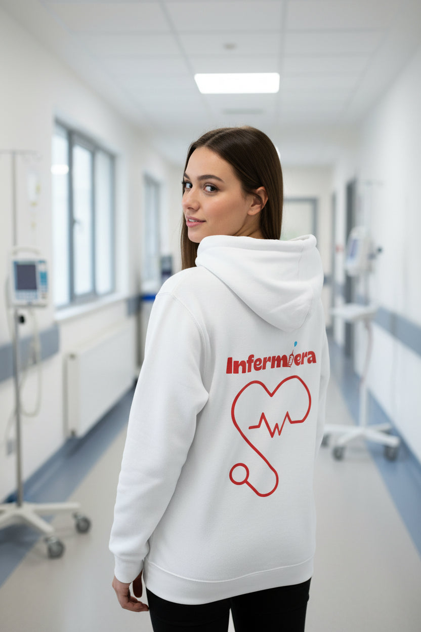 Felpa con cappuccio originale per infermiera in cotone biologico certificato GOTS ed EVE VEGAN