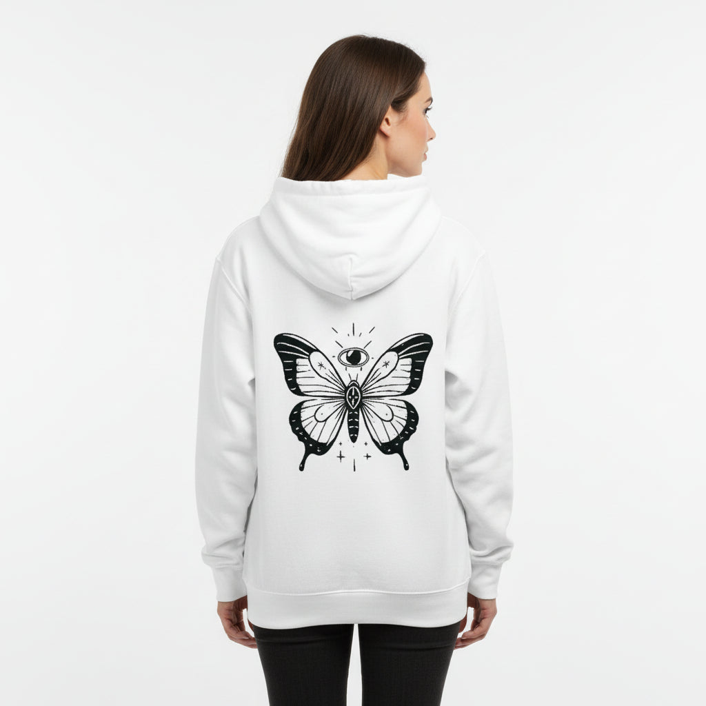 Felpa donna originale con cappuccio bianca, design farfalla mistica sul retro, cotone biologico certificato GOTS ed EVE VEGAN