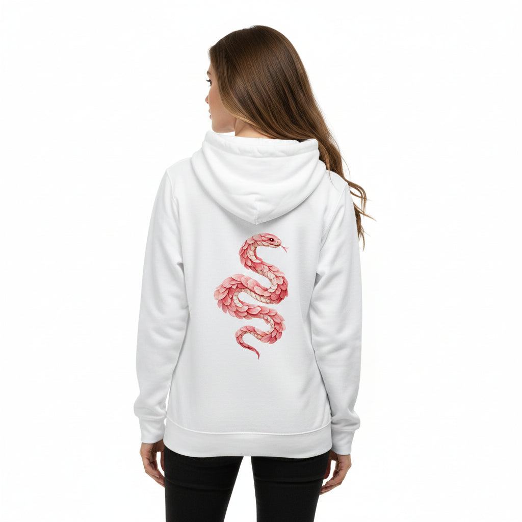 Felpa donna originale con cappuccio bianca con design serpente rosa sul retro, cotone biologico certificato GOTS ed EVE VEGAN