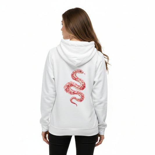 Felpa donna originale con cappuccio bianca con design serpente rosa sul retro, cotone biologico certificato GOTS ed EVE VEGAN