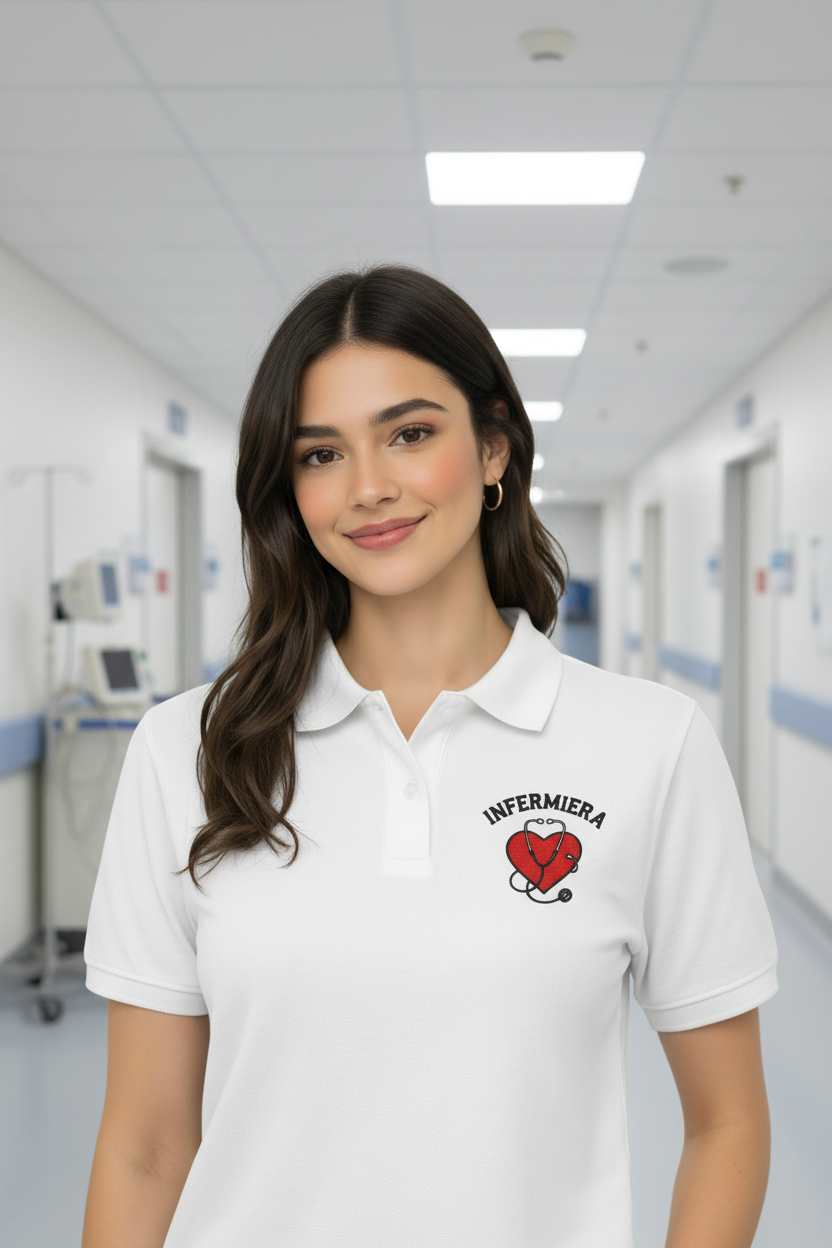 Polo donna bio infermiera con logo lato cuore in cotone organico GOTS