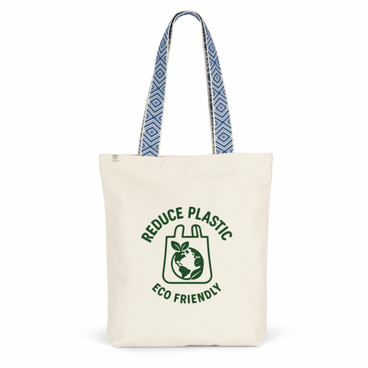 Borsa shopper etnica con manici decorati e stampa verde Reduce Plastic, cotone riciclato GRS con tasca interna, borsa vegan Pianeta Wow