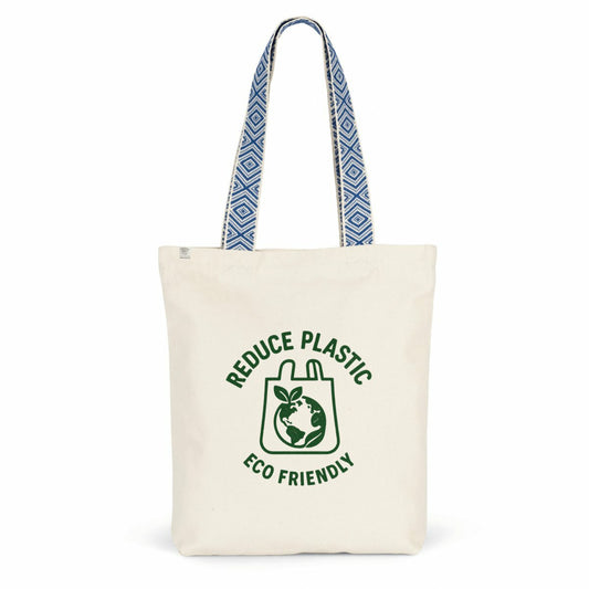 Borsa shopper etnica con manici decorati e stampa verde Reduce Plastic, cotone riciclato GRS con tasca interna, borsa vegan Pianeta Wow