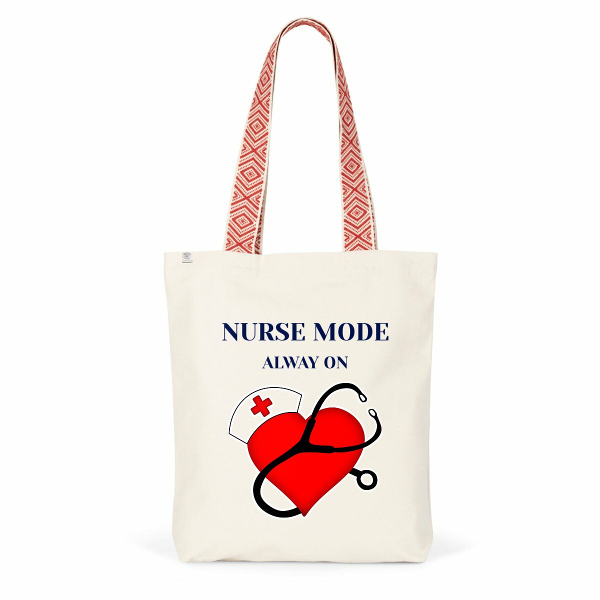 Shopper tote bag etnica beige manici colorati cotone riciclato certificato GRS con tasca interna e fondo piatto