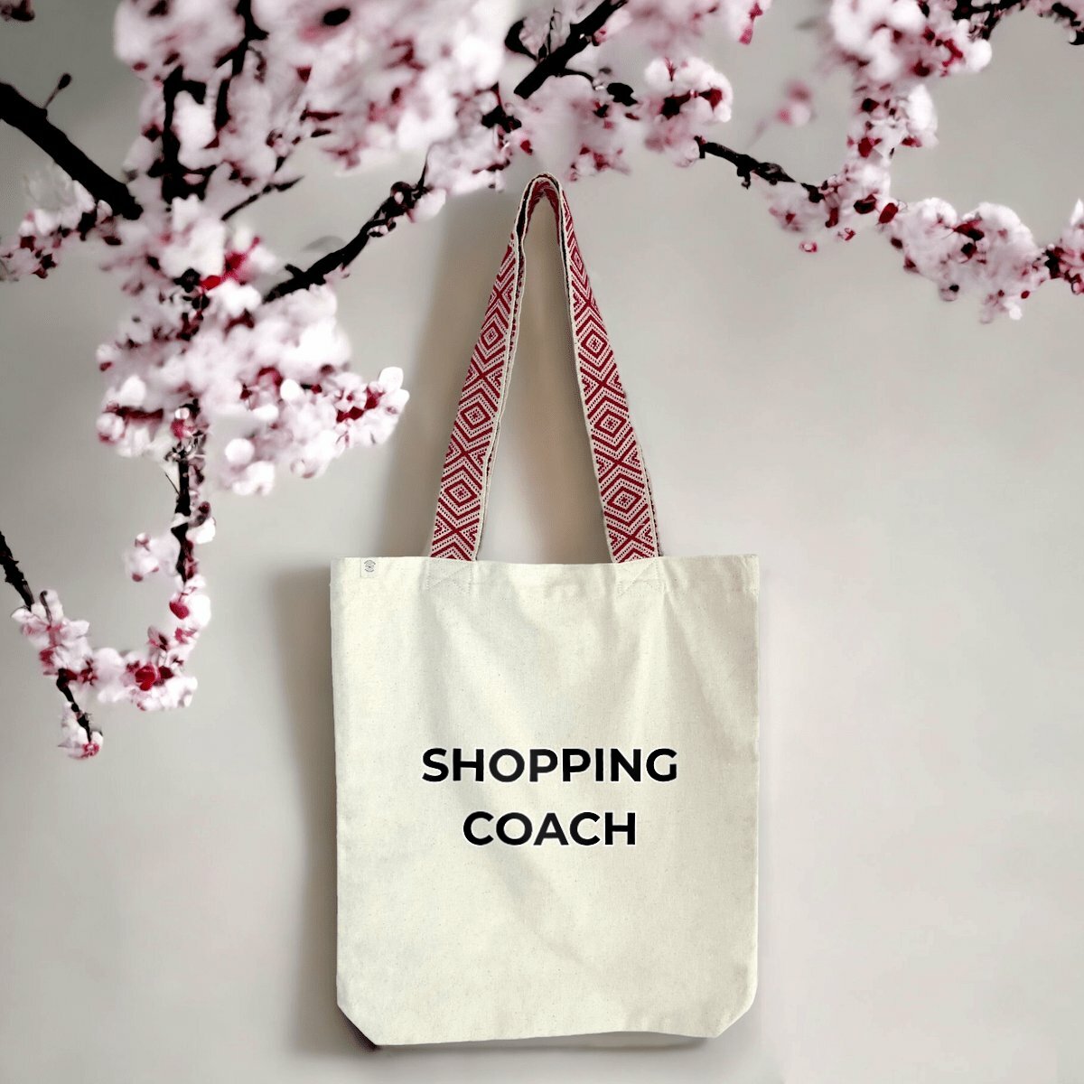 Shopper tote bag beige manici colorati cotone riciclato GRS scritta shopping coach con tasca interna regalo mamma