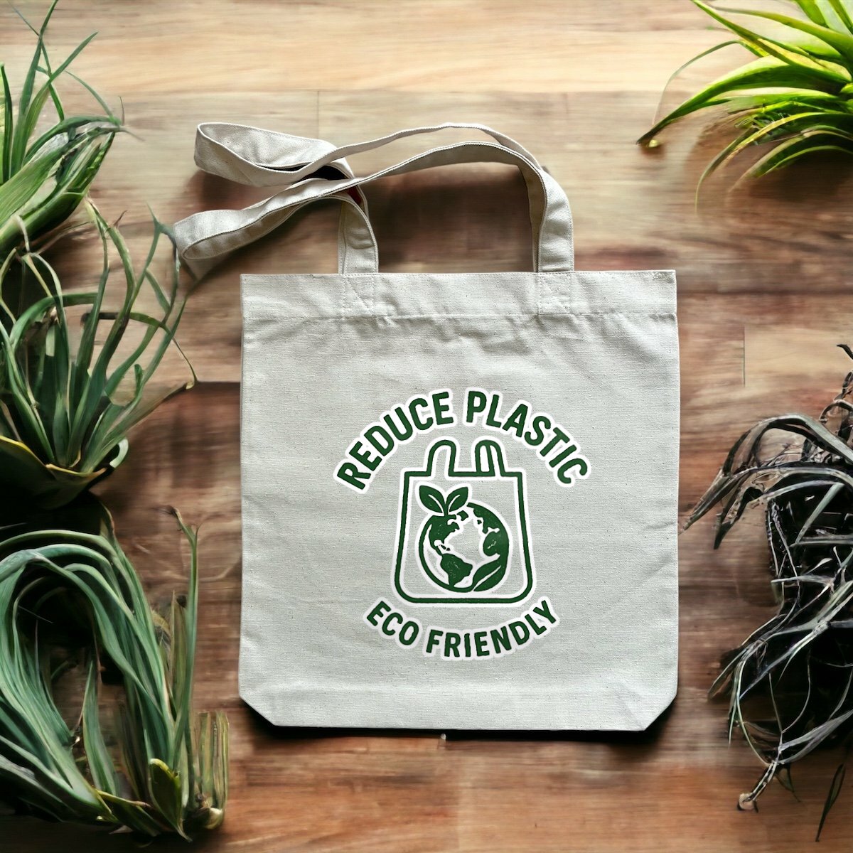 Borsa tote in cotone riciclato spesso colore naturale con stampa verde Reduce Plastic Eco Friendly, shopper sostenibile Pianeta Wow.
