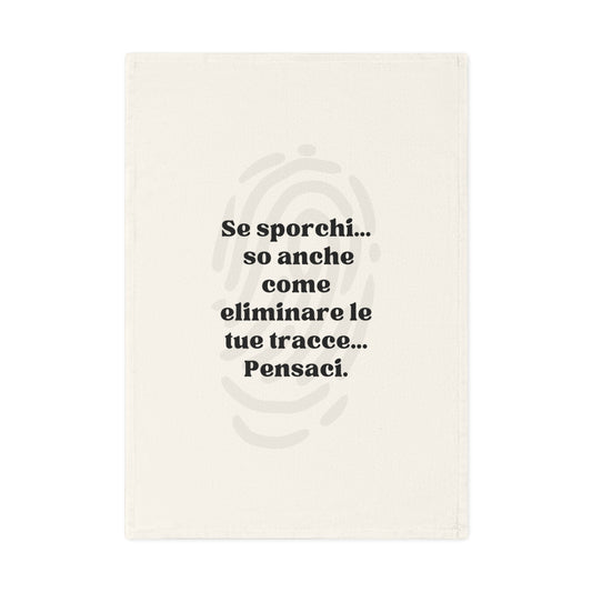 Strofinaccio cucina bianco in cotone biologico con impronta digitale e scritta ironica se sporchi elimino le tracce regalo divertente casa.