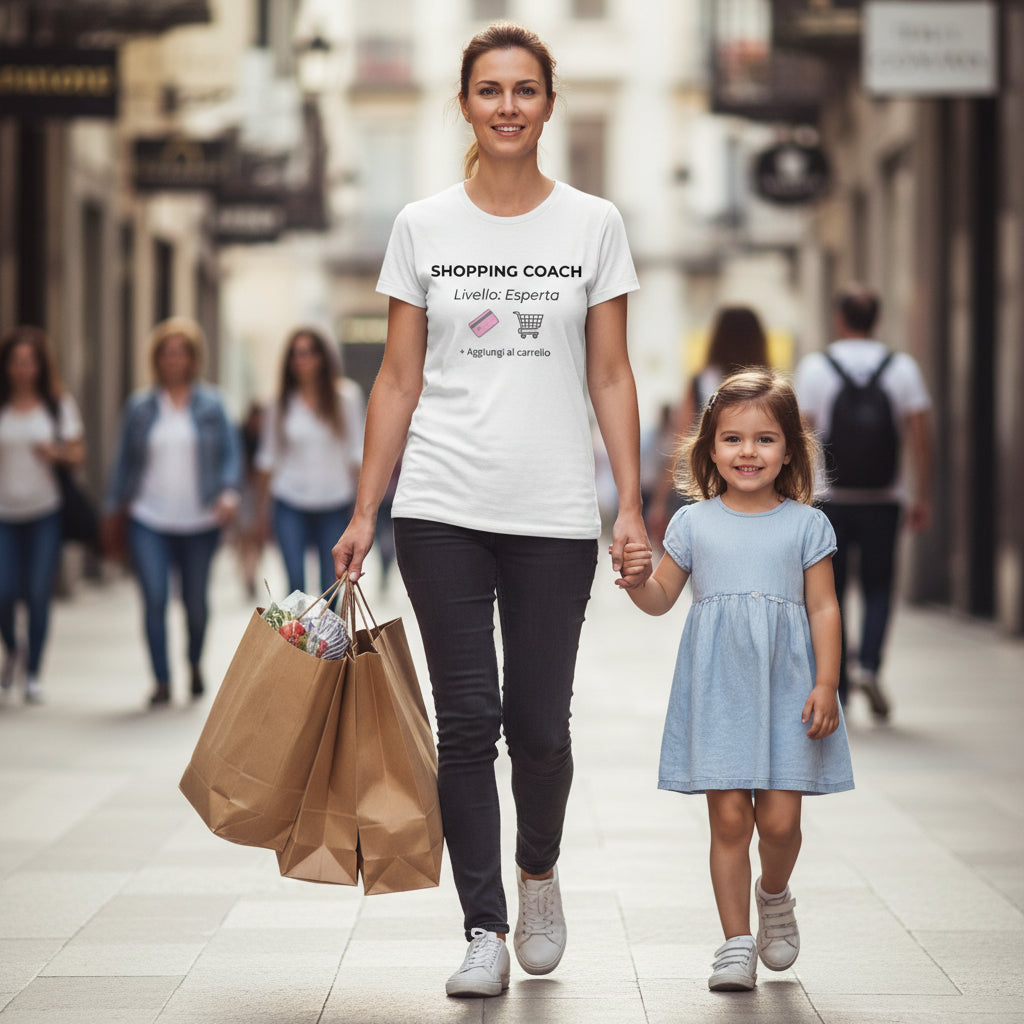 T-shirt unisex bianca leggera 145g cotone GOTS in conversion Kariban scritta shopping coach ideale sotto felpa regalo mamma