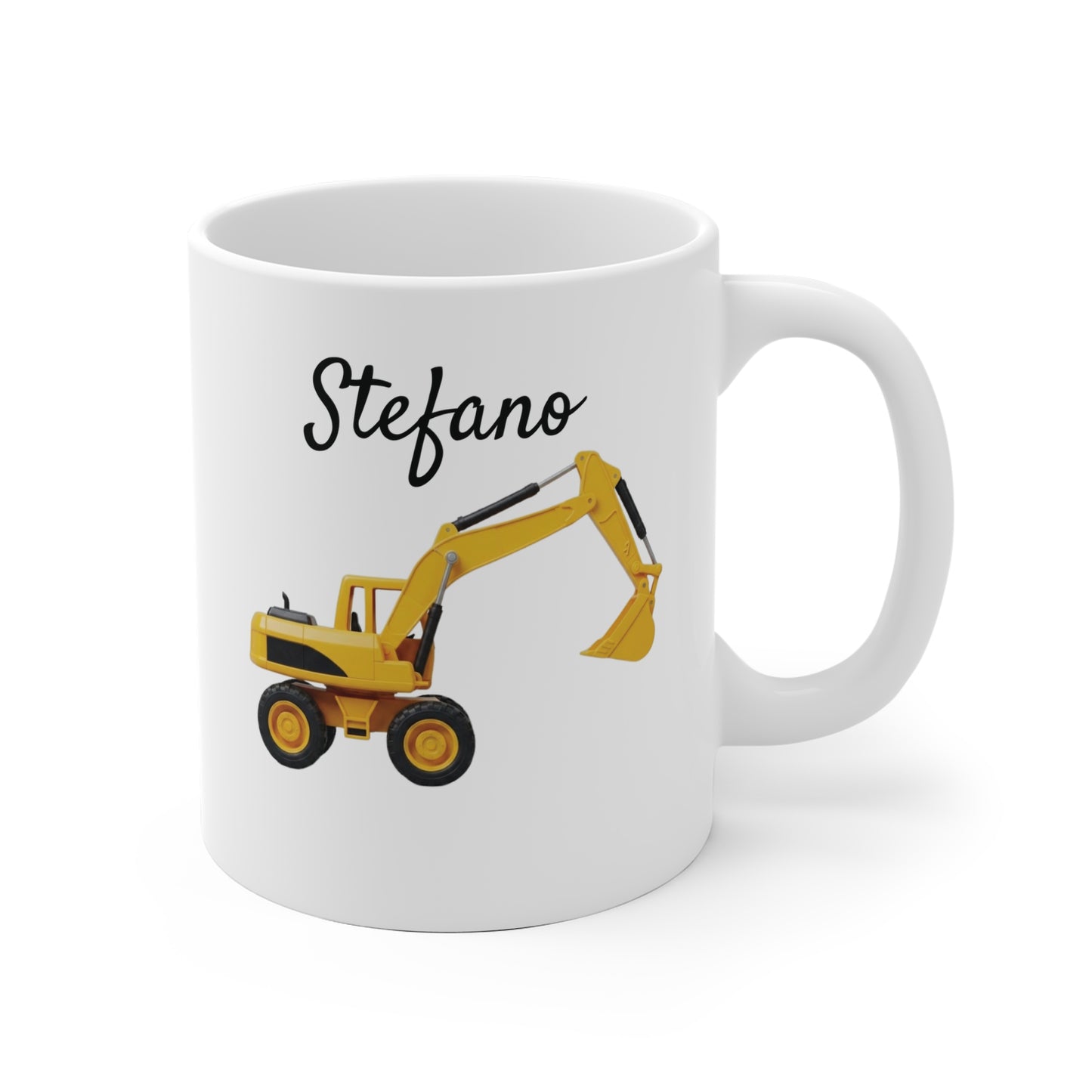 Tazza in ceramica bianca con manico grande, stampa di escavatore giallo e nome Stefano personalizzato per bambini.