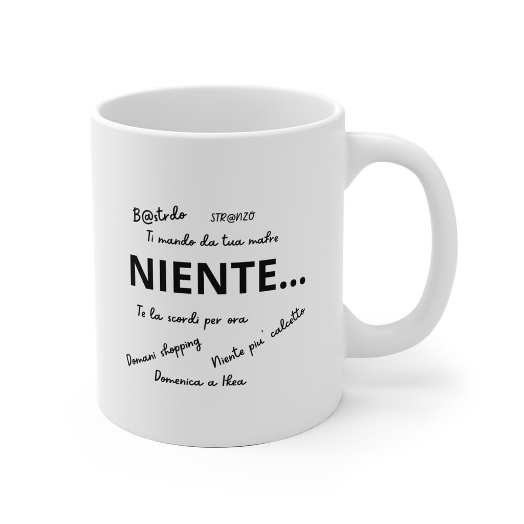 Tazza bianca in ceramica con scritta Niente design originale divertente per colazione, ironia di coppia