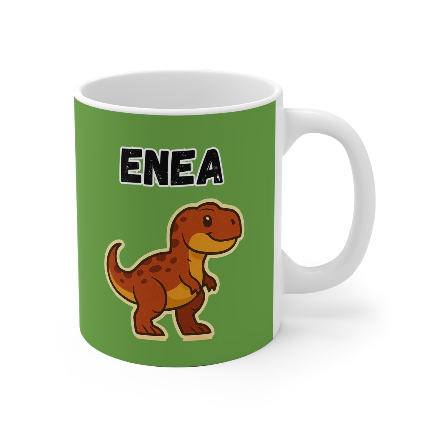 Tazza in ceramica verde con disegno dinosauro e nome personalizzato Enea esempio di regalo originale per bambini.