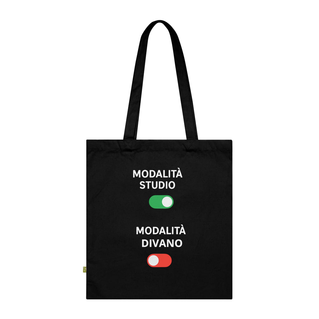 Tote bag nera in cotone organico con grafica ironica Modalità Studio ON e Divano OFF regalo originale per student