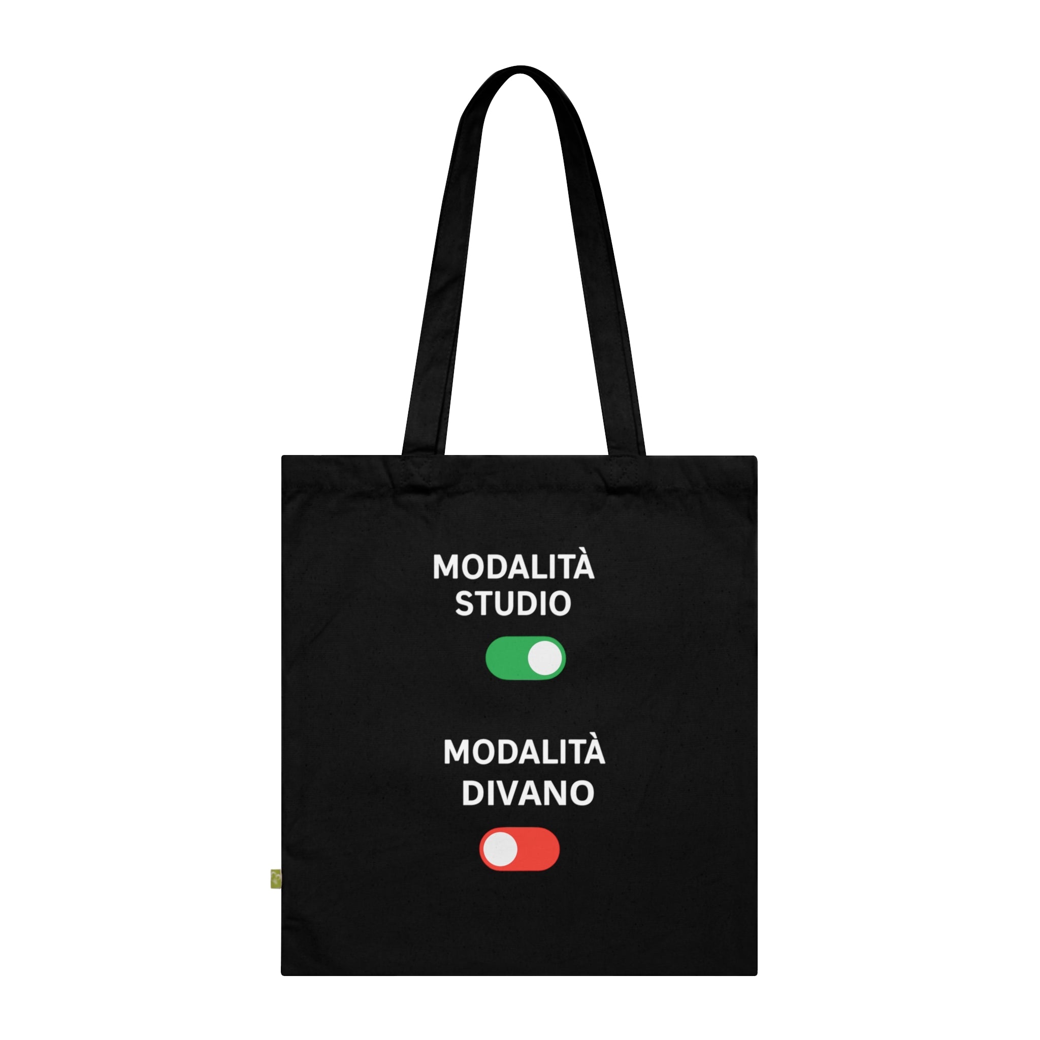 Tote bag nera in cotone organico con grafica ironica Modalità Studio ON e Divano OFF regalo originale per student