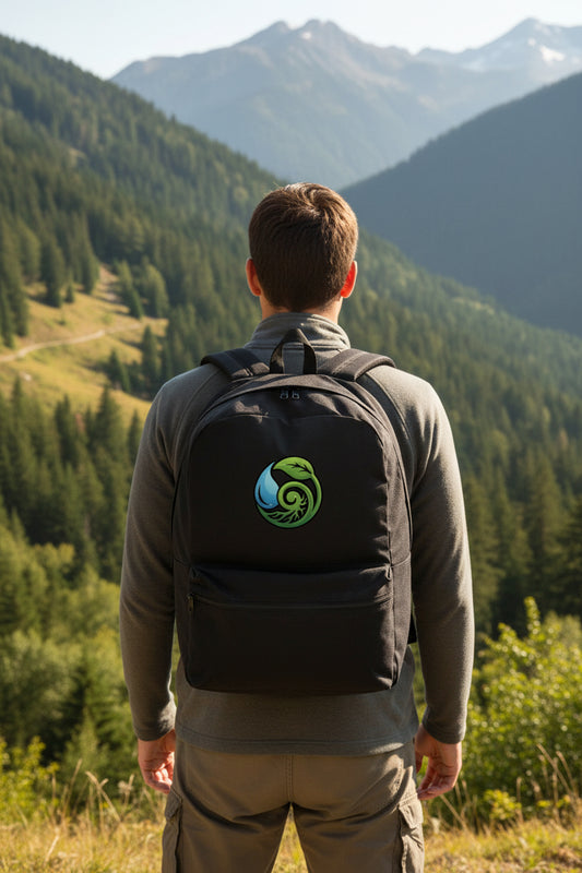 Zaino nero ecologico canvas riciclato con disegno goccia acqua e foglia verde risparmio idrico 1977 litri