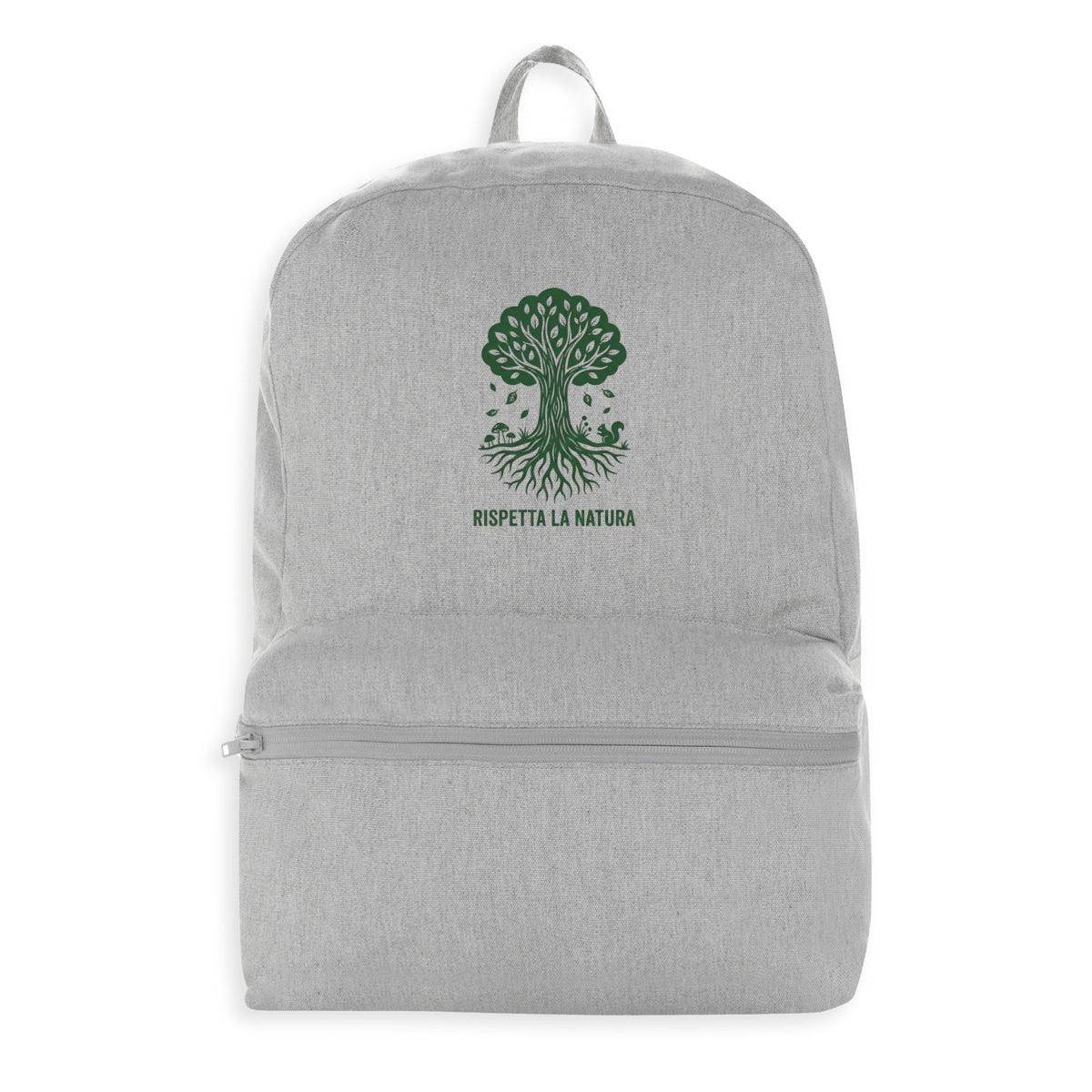 Zaino canvas riciclato con stampa albero Rispetta la Natura, zainetto originale certificato AWARE risparmio acqua.